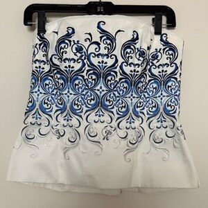 White House Black Market White and Blue Strapless Top